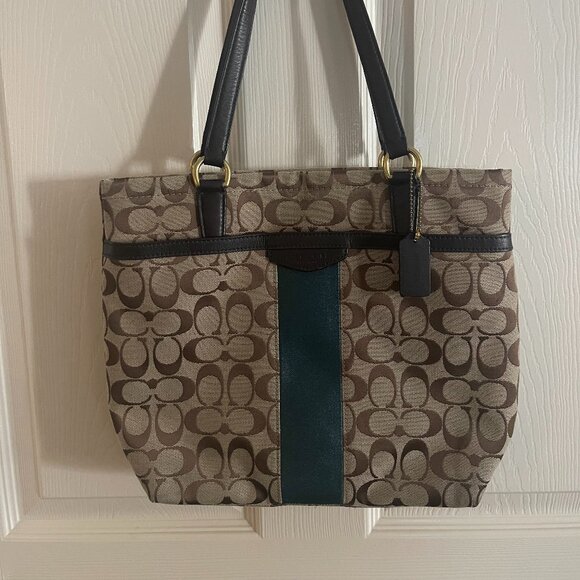 COACH Classic Signature Tote Bag Shoulder Canvas Brown Leather Trim Teal Strip